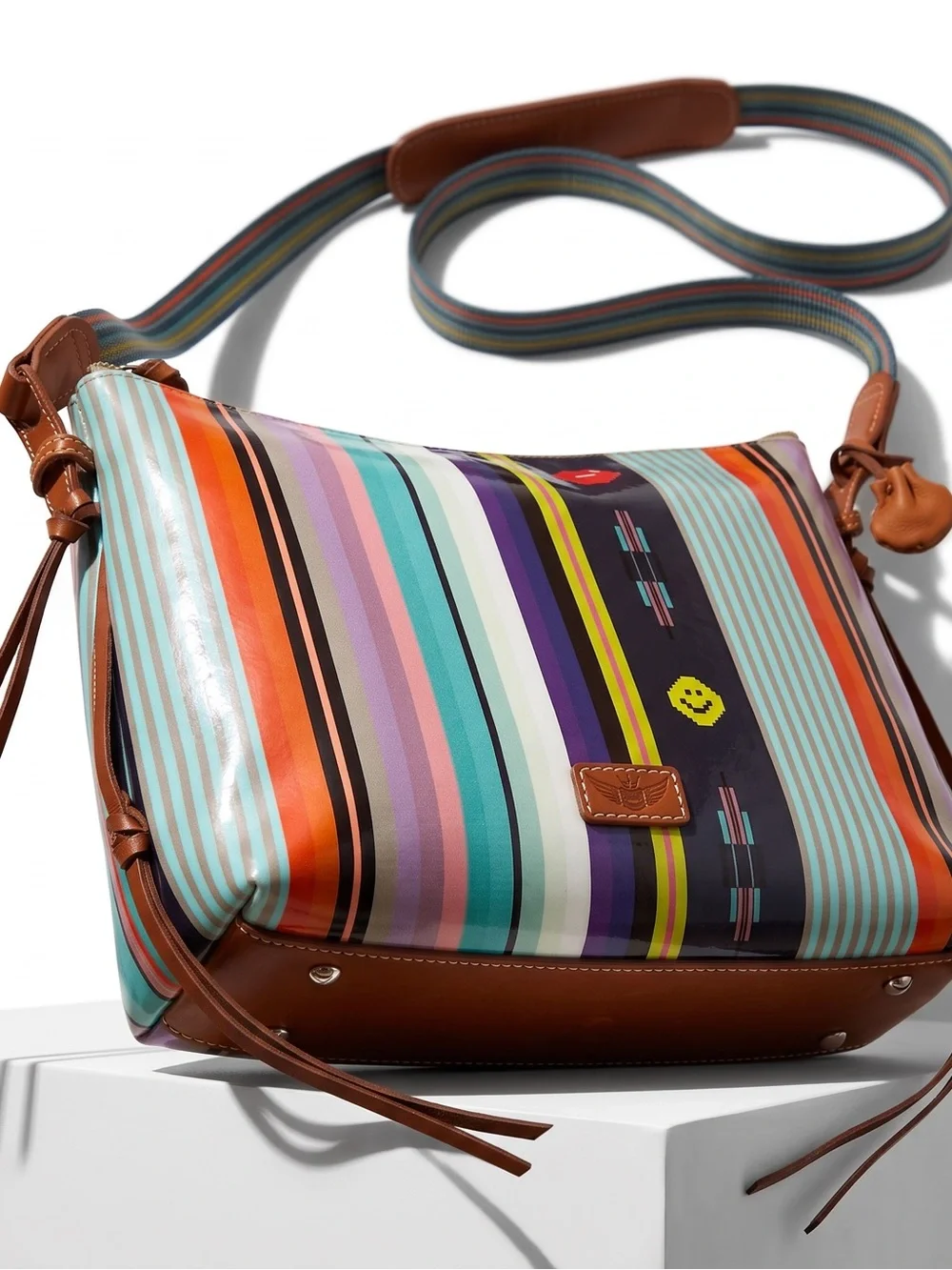 Consuela Multicolor Stripe Crossbody Bag with Brown Trim